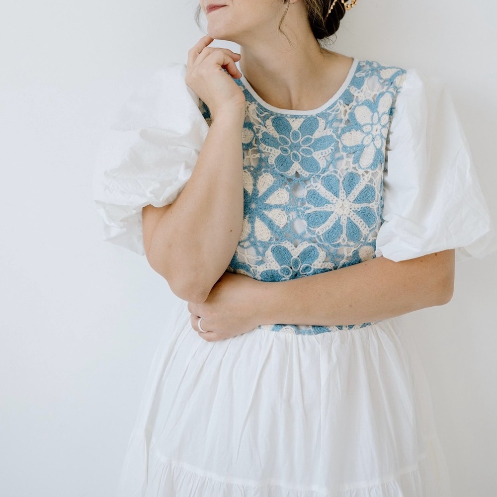 Boho boutique puff sleeve crochet detail white dress - Picture 3 of 3